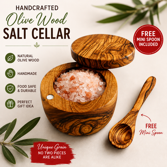 Olive Wood Salt Cellar with Magnet + FREE MINI SPOON (4x4x3)