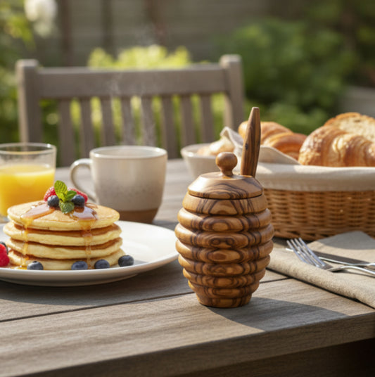 Olive Wood Classic Beehive  Honey Pot "POOH Style" (5X3X3)