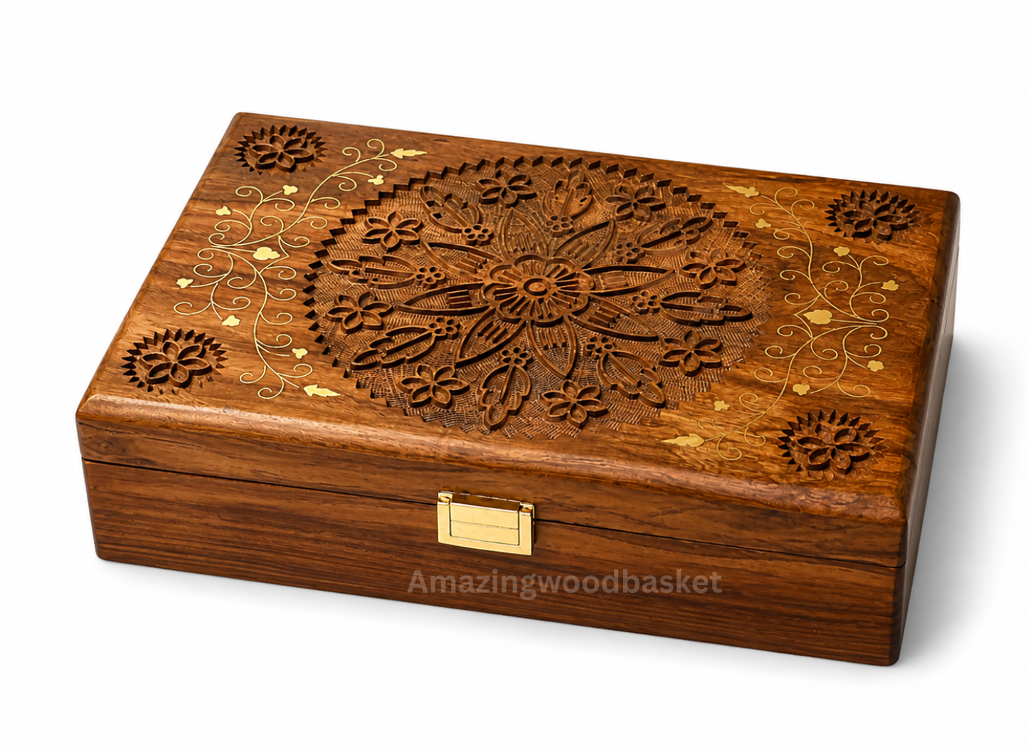 Large Deluxe Handmade Rosewood Brass Inlay Jewelry Box with Tray