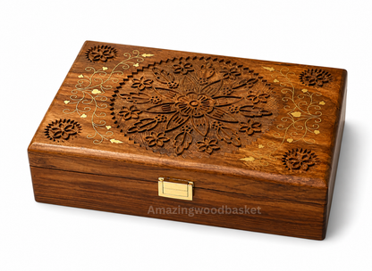 Large Deluxe Handmade Rosewood Brass Inlay Jewelry Box with Tray