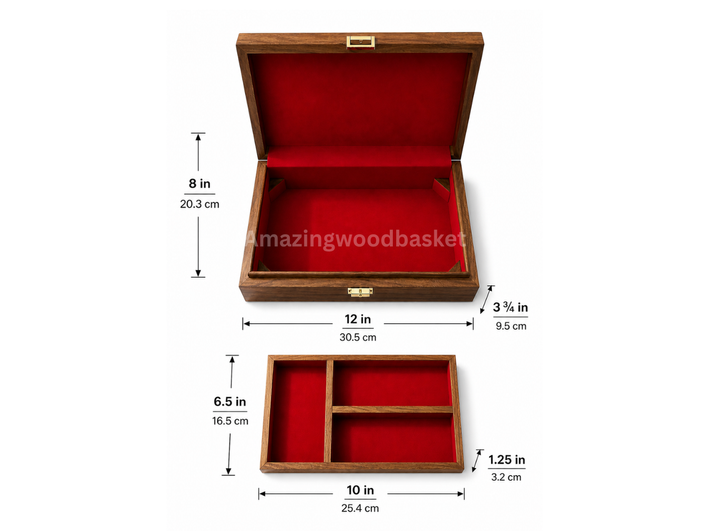 Large Deluxe Handmade Rosewood Brass Inlay Jewelry Box with Tray