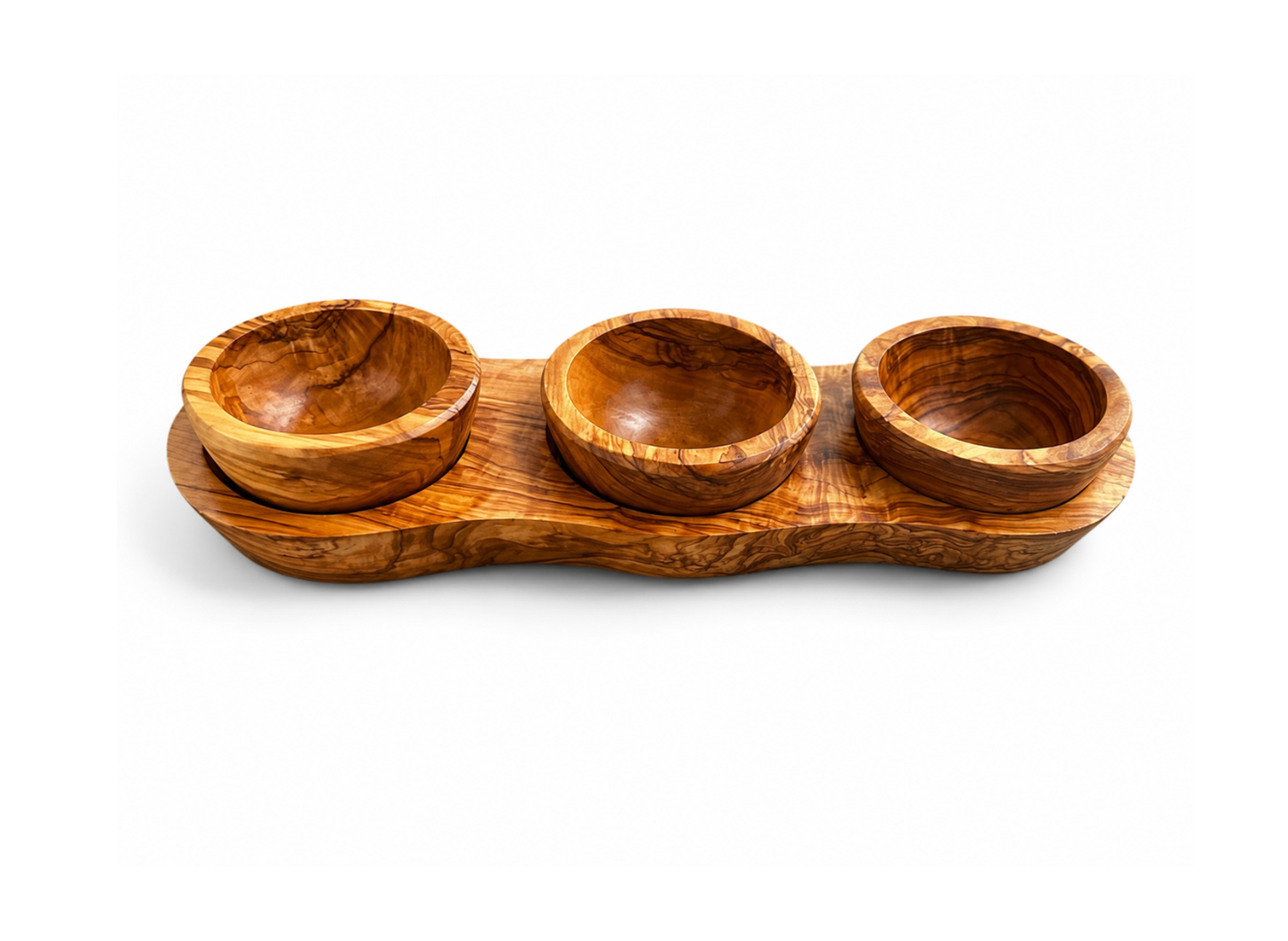 Olive Wood Serving Tray with Three Dip Bowls
