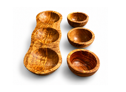 Olive Wood Serving Tray with Three Dip Bowls