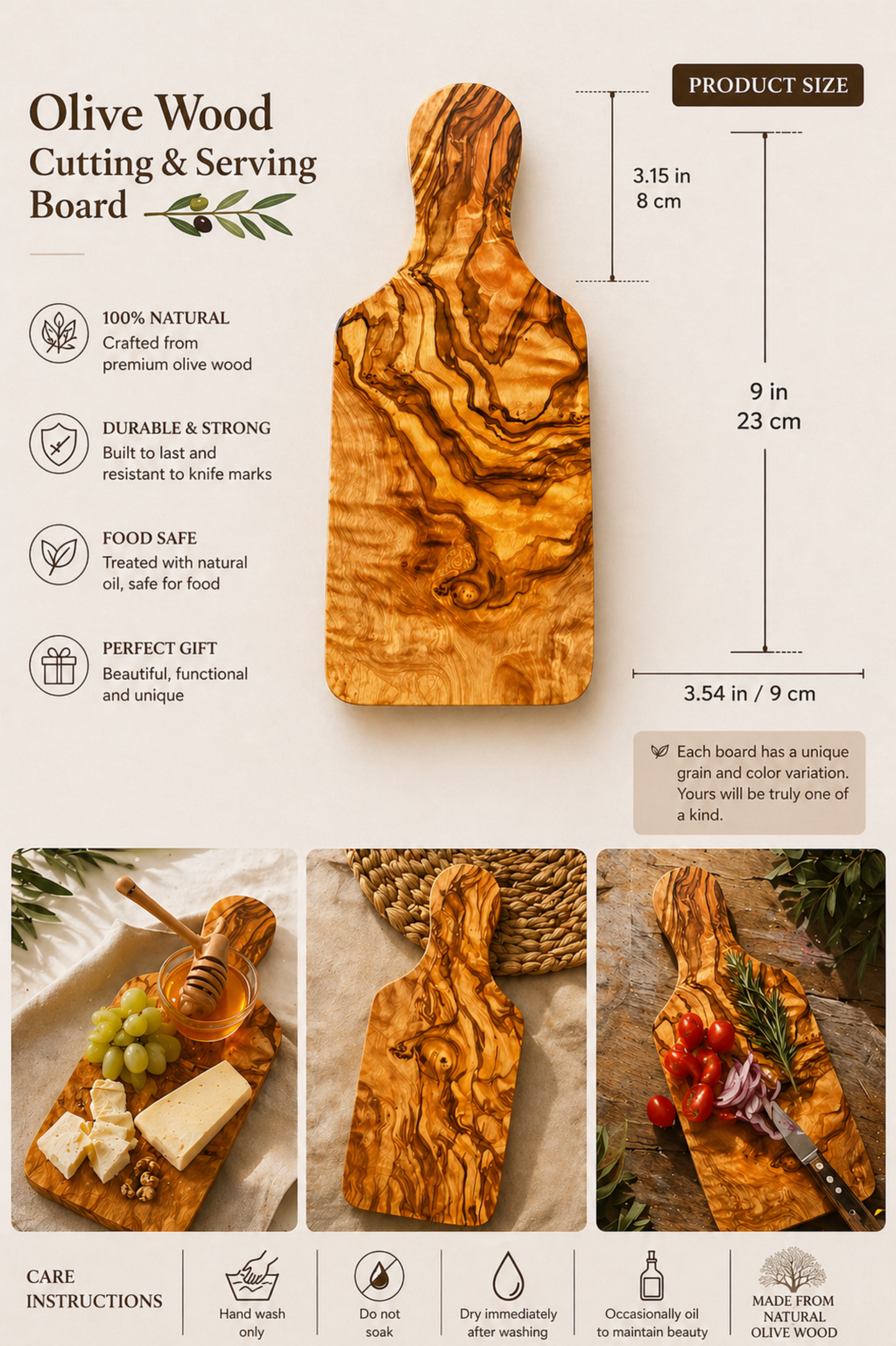 Large olive Wood Charcuterie & Cutting Board, Handcrafted Live Edge Serving Board