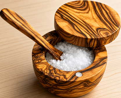 Olive Wood Salt Cellar with Magnet  + FREE MINI SPOON (4x4x3)