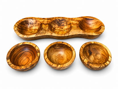 Olive Wood Serving Tray with Three Dip Bowls