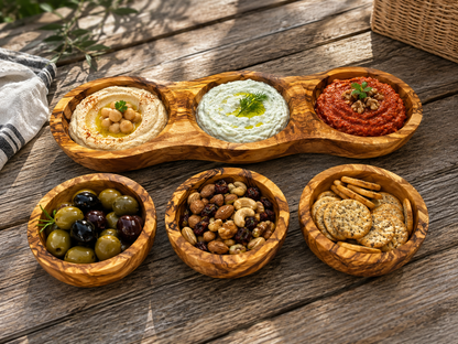 Olive Wood Serving Tray with Three Dip Bowls