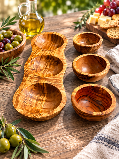 Olive Wood Serving Tray with Three Dip Bowls