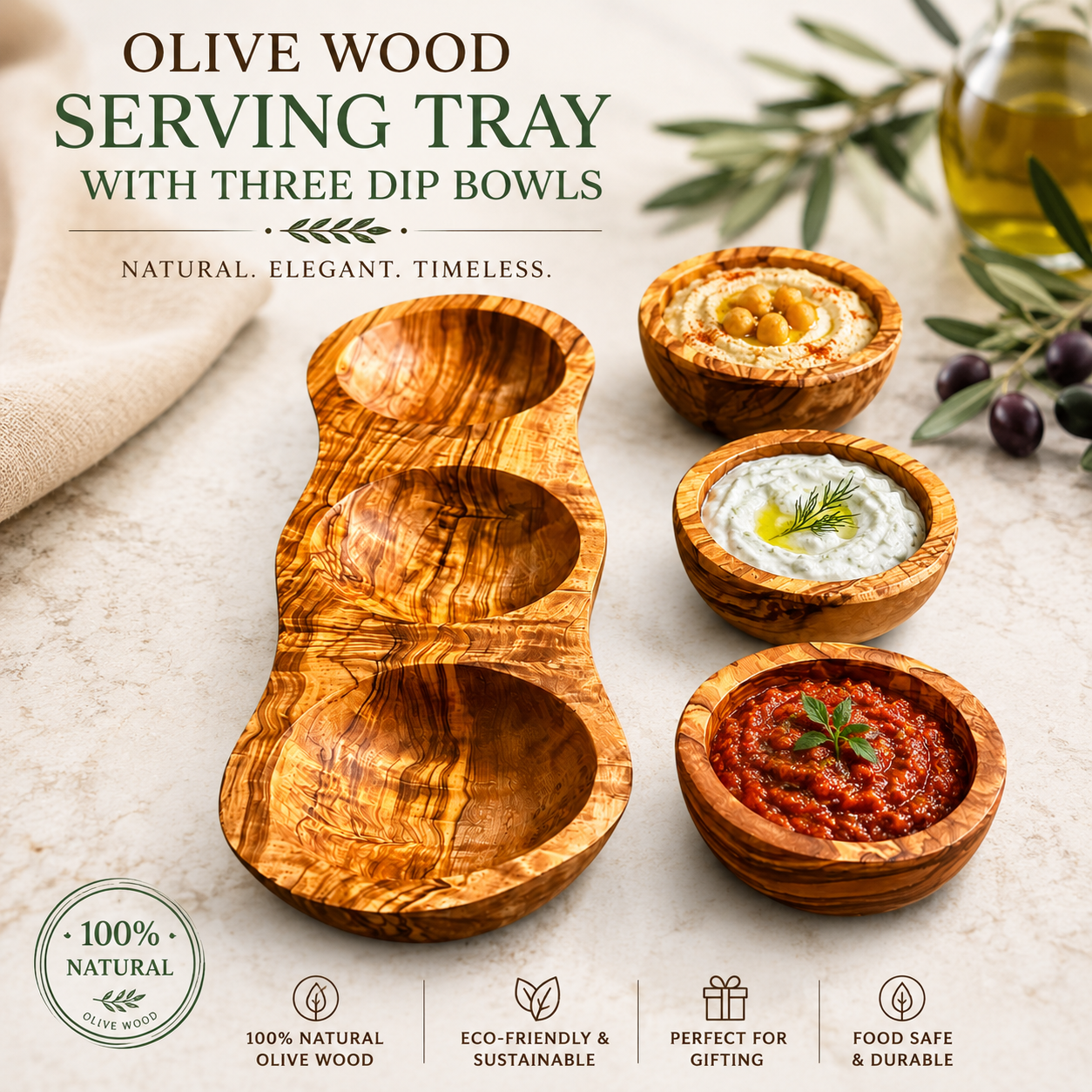 Olive Wood Serving Tray with Three Dip Bowls