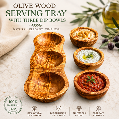 Olive Wood Serving Tray with Three Dip Bowls