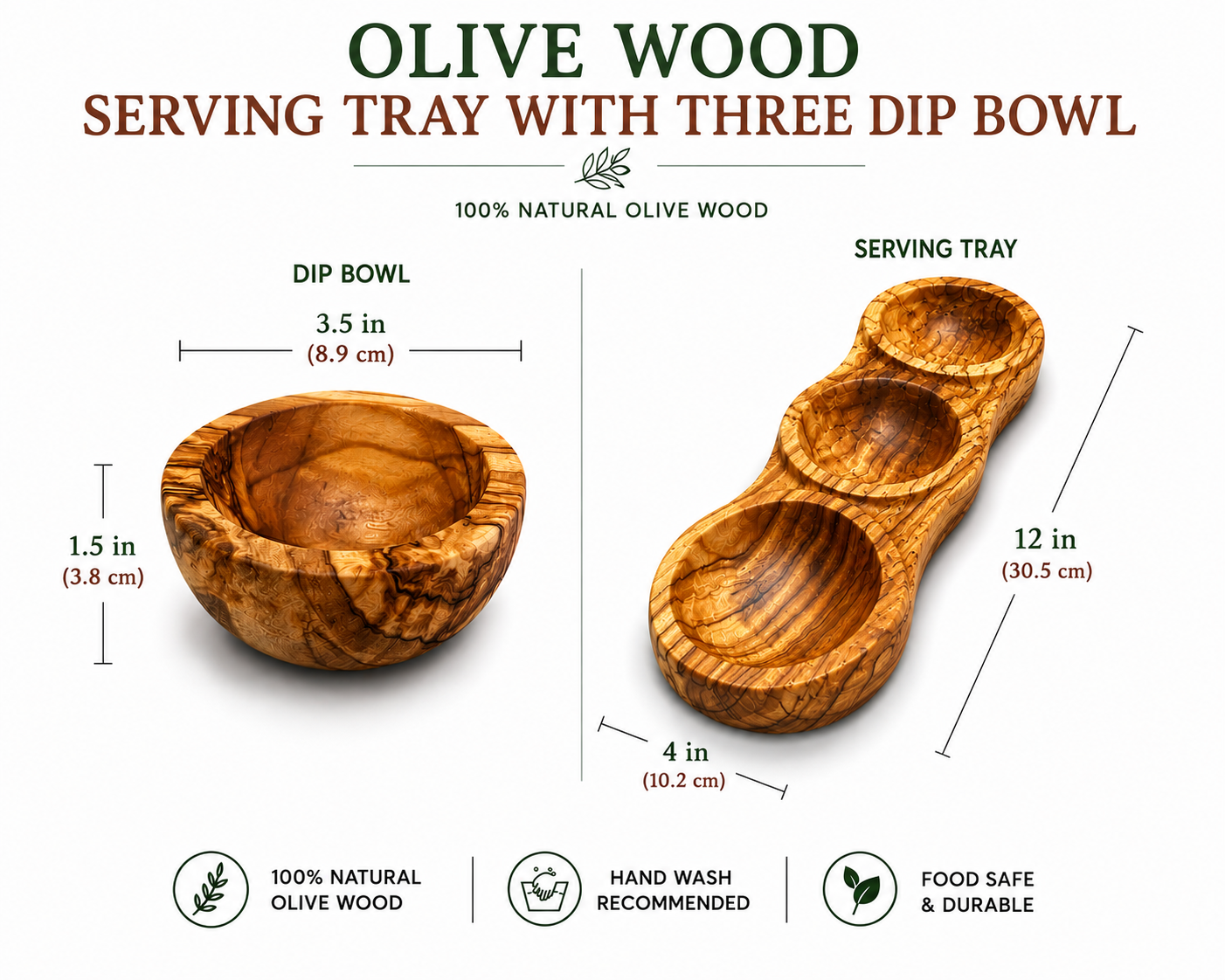 Olive Wood Serving Tray with Three Dip Bowls