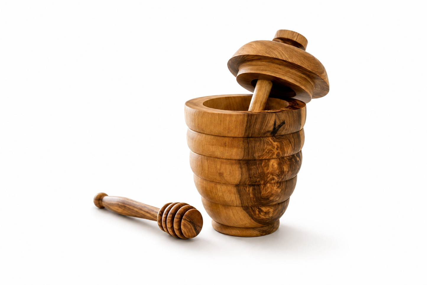 Olive Wood No-Mess Beehive Pot (6X3.5X3.5) ,Dipper Slot Lid