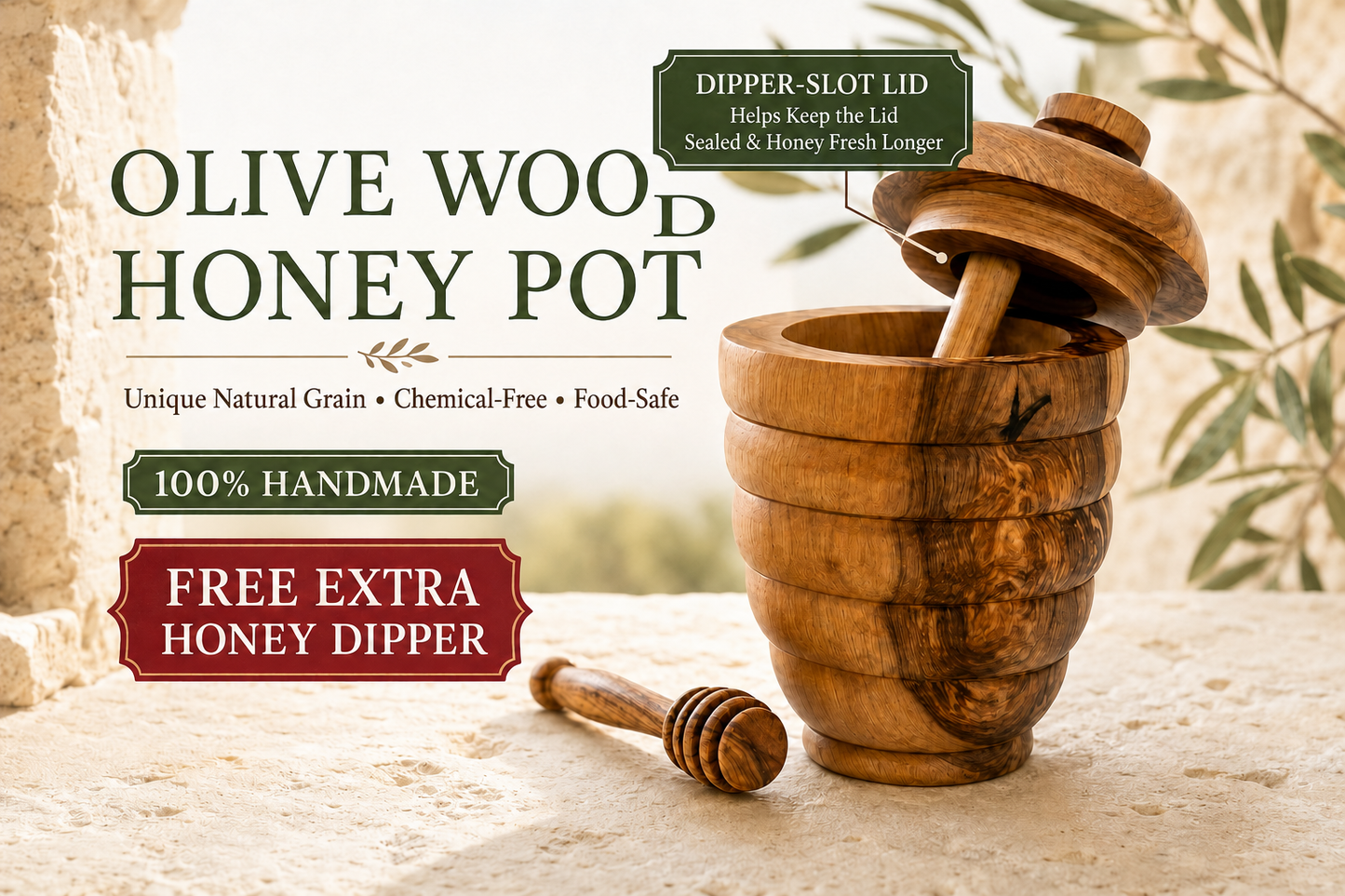 Olive Wood No-Mess Beehive Pot (6X3.5X3.5) ,Dipper Slot Lid