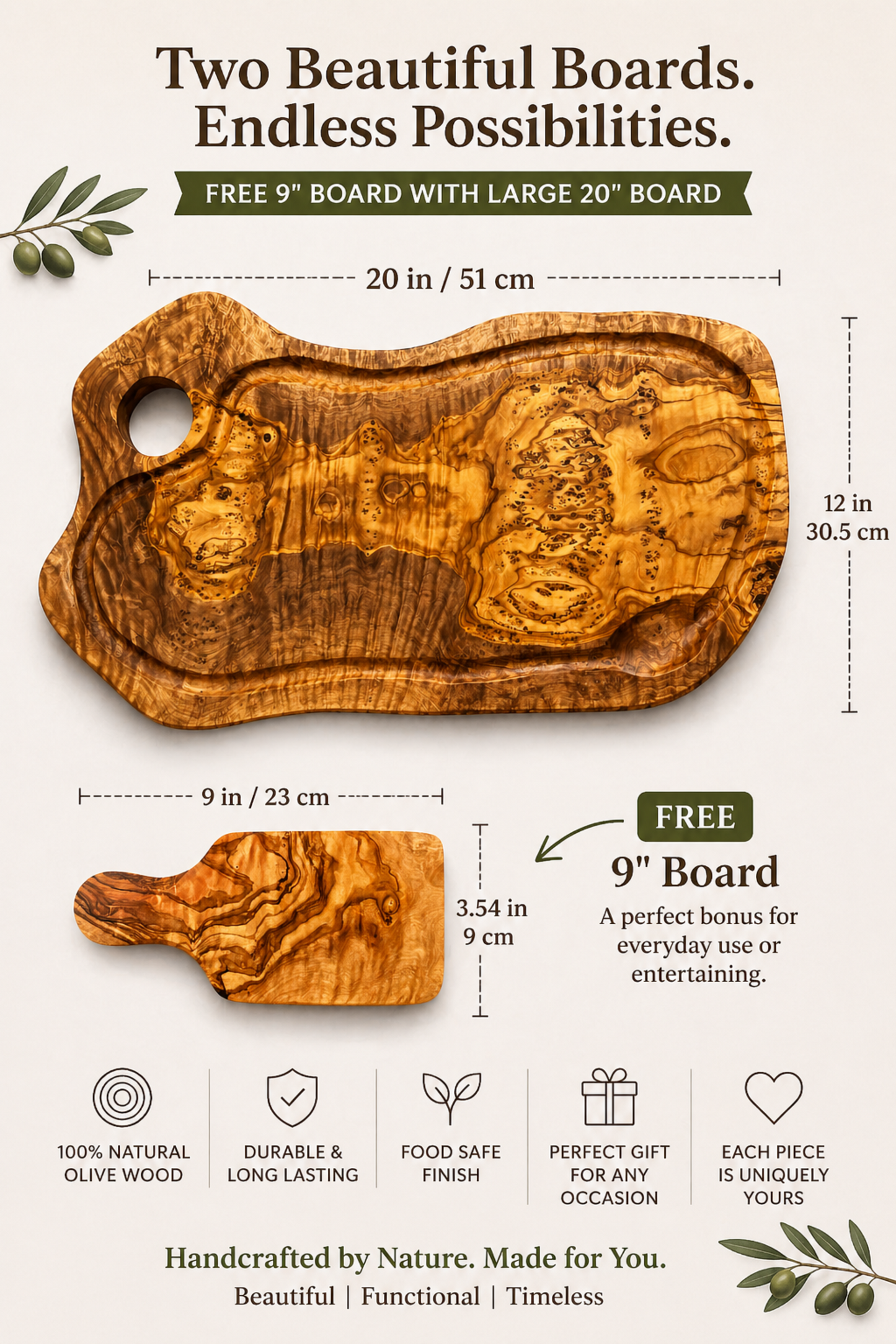 Large olive Wood Charcuterie & Cutting Board, Handcrafted Live Edge Serving Board