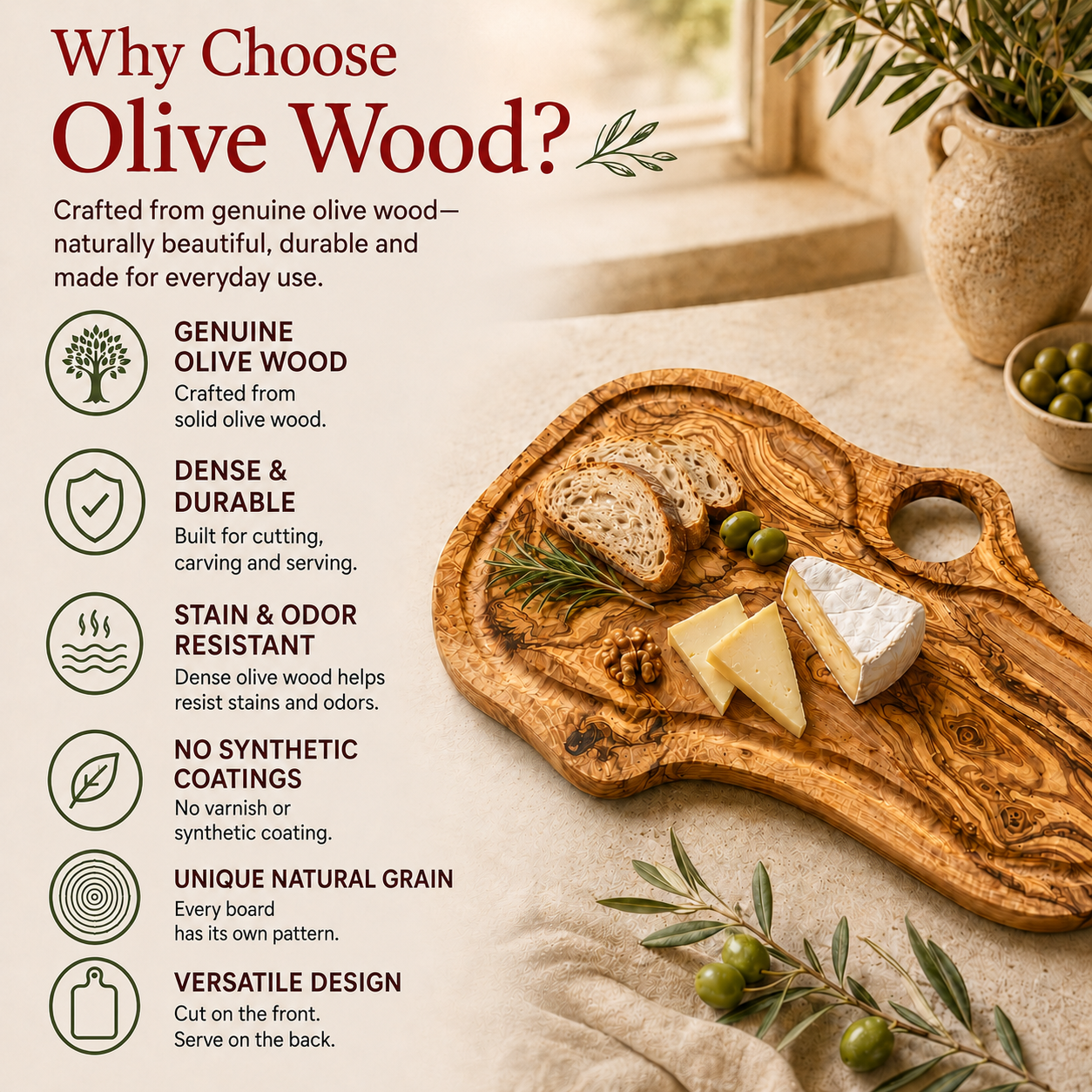 Large olive Wood Charcuterie & Cutting Board, Handcrafted Live Edge Serving Board (20"X12")