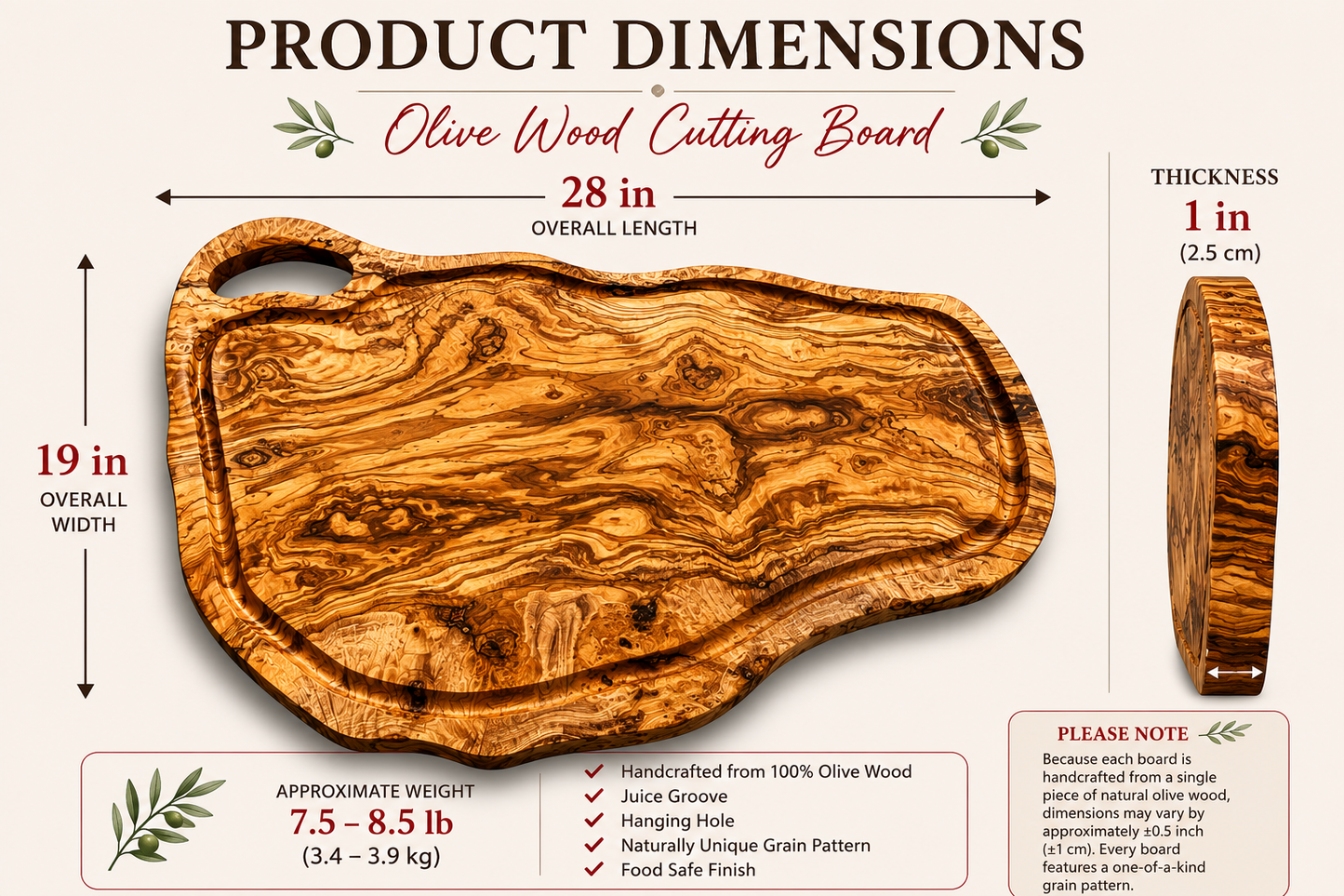 Extra Large olive Wood Charcuterie & Cutting Board, Handcrafted Live Edge Serving Board (28"x19")
