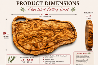 Extra Large olive Wood Charcuterie & Cutting Board, Handcrafted Live Edge Serving Board (28"x19")