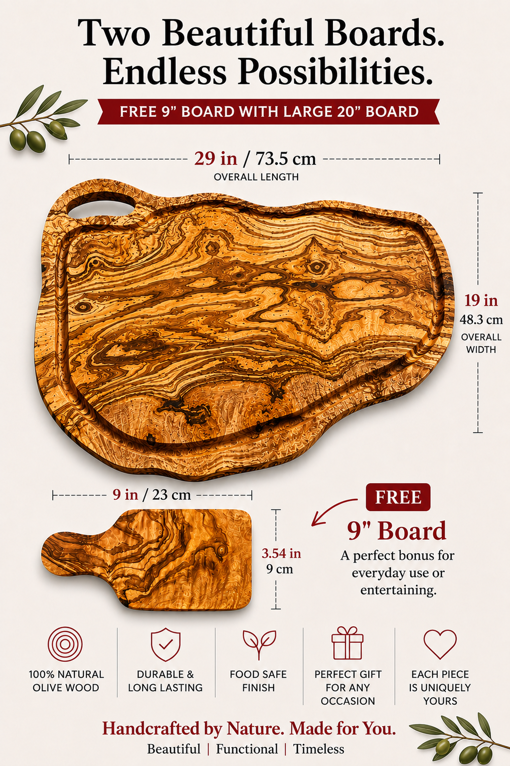 Extra Large olive Wood Charcuterie & Cutting Board, Handcrafted Live Edge Serving Board (28"x19")