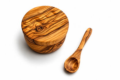 Olive Wood Salt Cellar with Magnet  + FREE MINI SPOON (4x4x3)