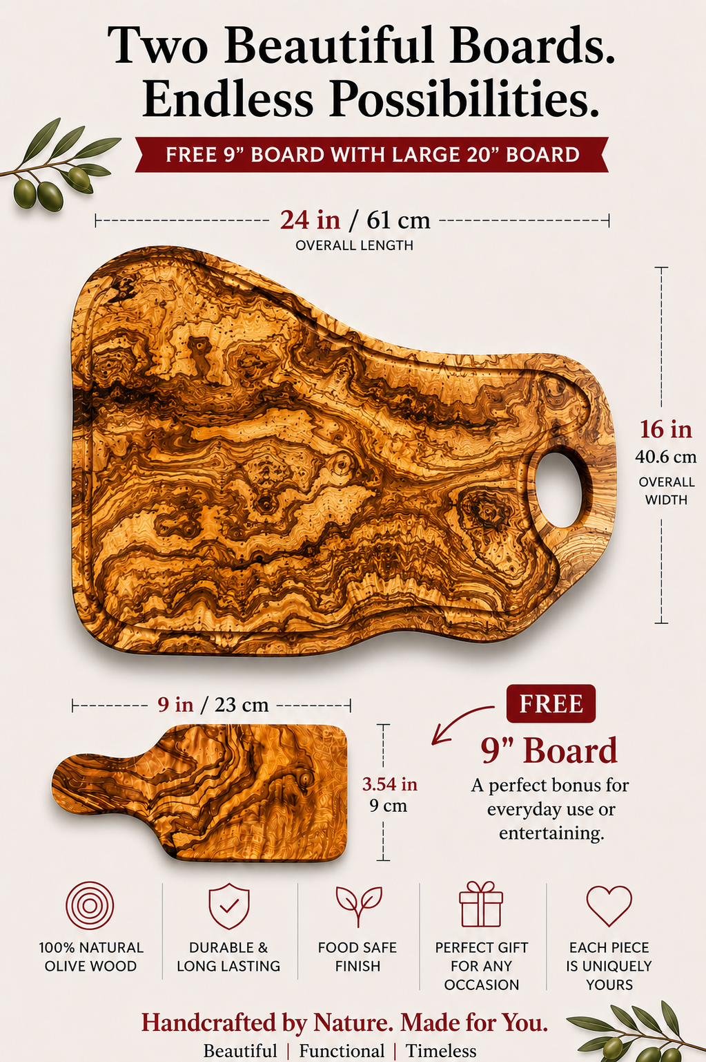 Extra Large olive Wood Charcuterie & Cutting Board, Handcrafted Live Edge Serving Board (24"x16")