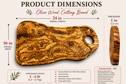 Extra Large olive Wood Charcuterie & Cutting Board, Handcrafted Live Edge Serving Board (24"x16")