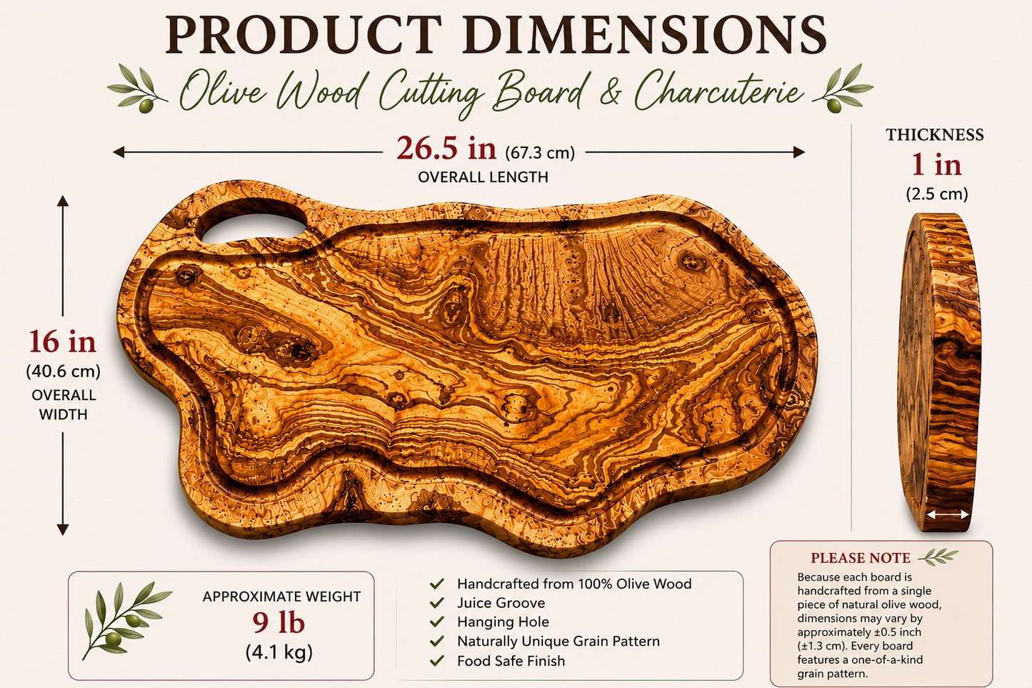 Extra Large olive Wood Charcuterie & Cutting Board, Handcrafted Live Edge Serving Board (26.5"x16")