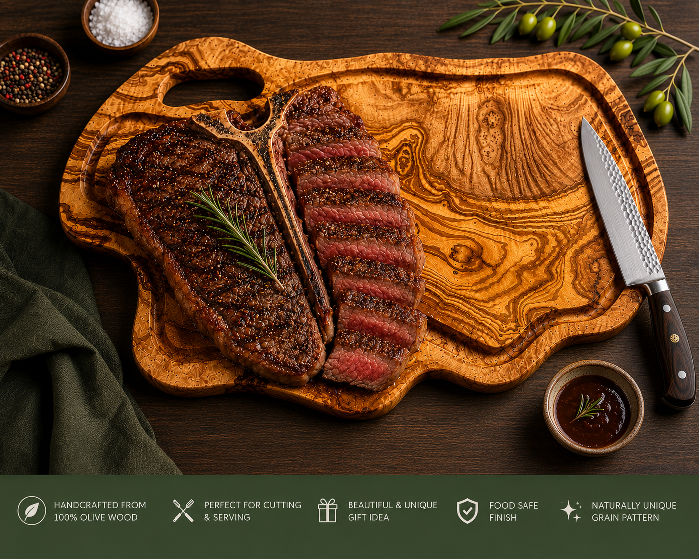 Extra Large olive Wood Charcuterie & Cutting Board, Handcrafted Live Edge Serving Board (26.5"x16")