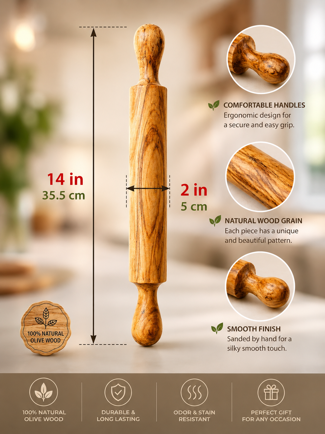 Olive Wood Large Rolling Pin