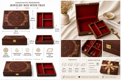 Large Deluxe Handmade Rosewood Brass Inlay Jewelry Box with Tray