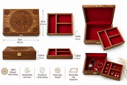 Large Deluxe Handmade Rosewood Brass Inlay Jewelry Box with Tray