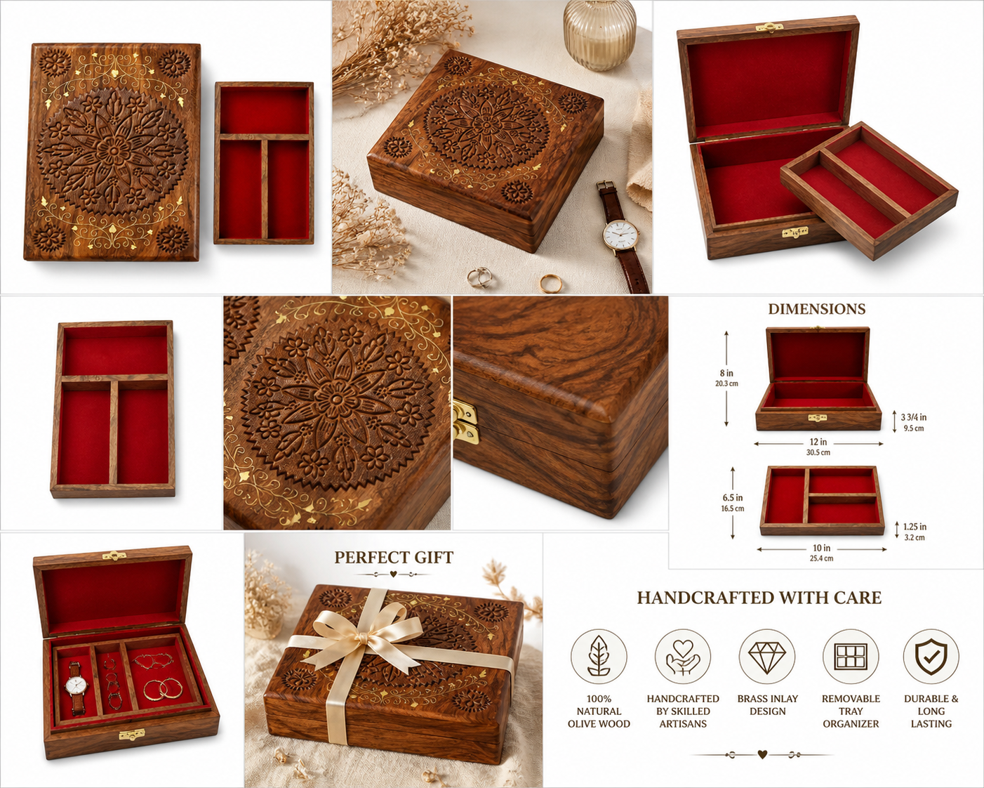 Large Deluxe Handmade Rosewood Brass Inlay Jewelry Box with Tray