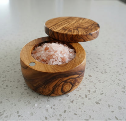 Olive Wood Salt Cellar with Magnet  + FREE MINI SPOON (4x4x3)