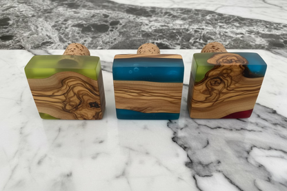 Olive Wood Epoxy Raisin bottle Stopper three pieces set (assorted colors)