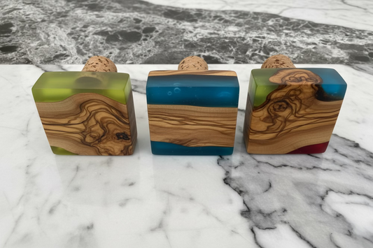 Olive Wood Epoxy Raisin bottle Stopper three pieces set (assorted colors)