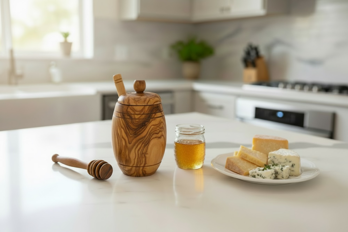 Olive Wood Barrel Style Honey Pot (5X3X3)