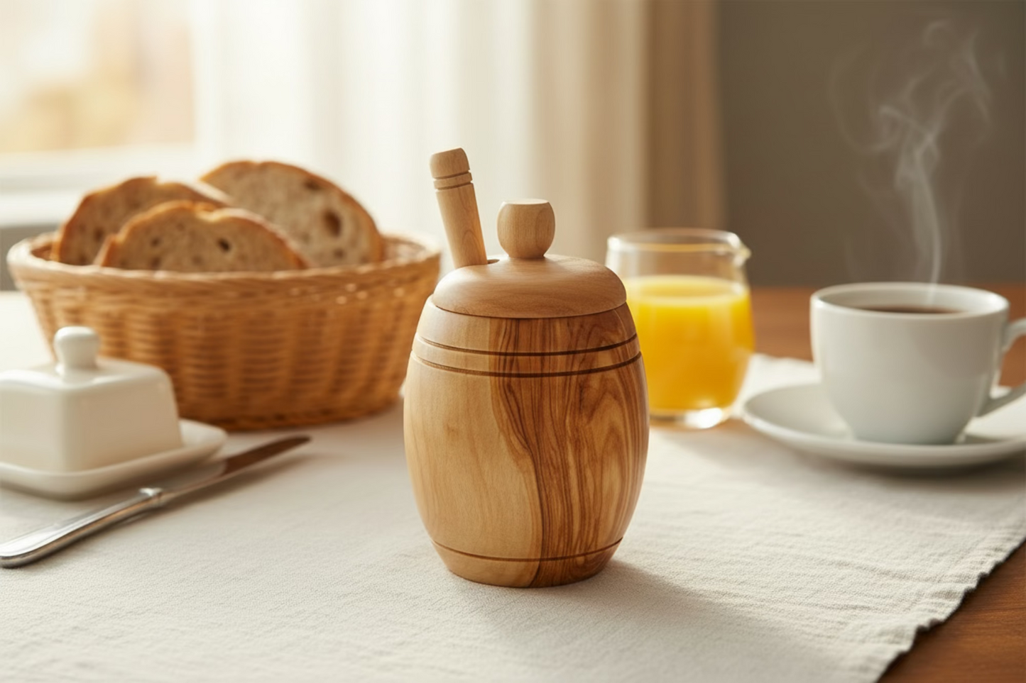 Olive Wood Barrel Style Honey Pot (5X3X3)