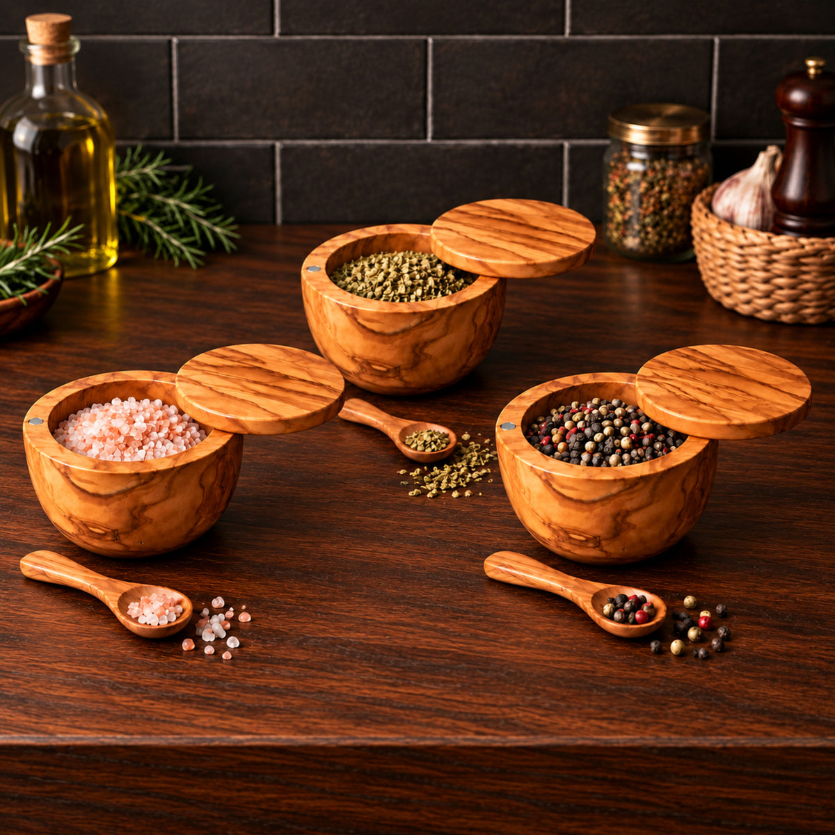 Olive Wood Salt Cellar with Magnet  + FREE MINI SPOON (4x4x3)